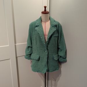 NWT Stitch Fix Daniel Rainn Emma Size XL Tweed Fringe Blazer Dark Green Lined